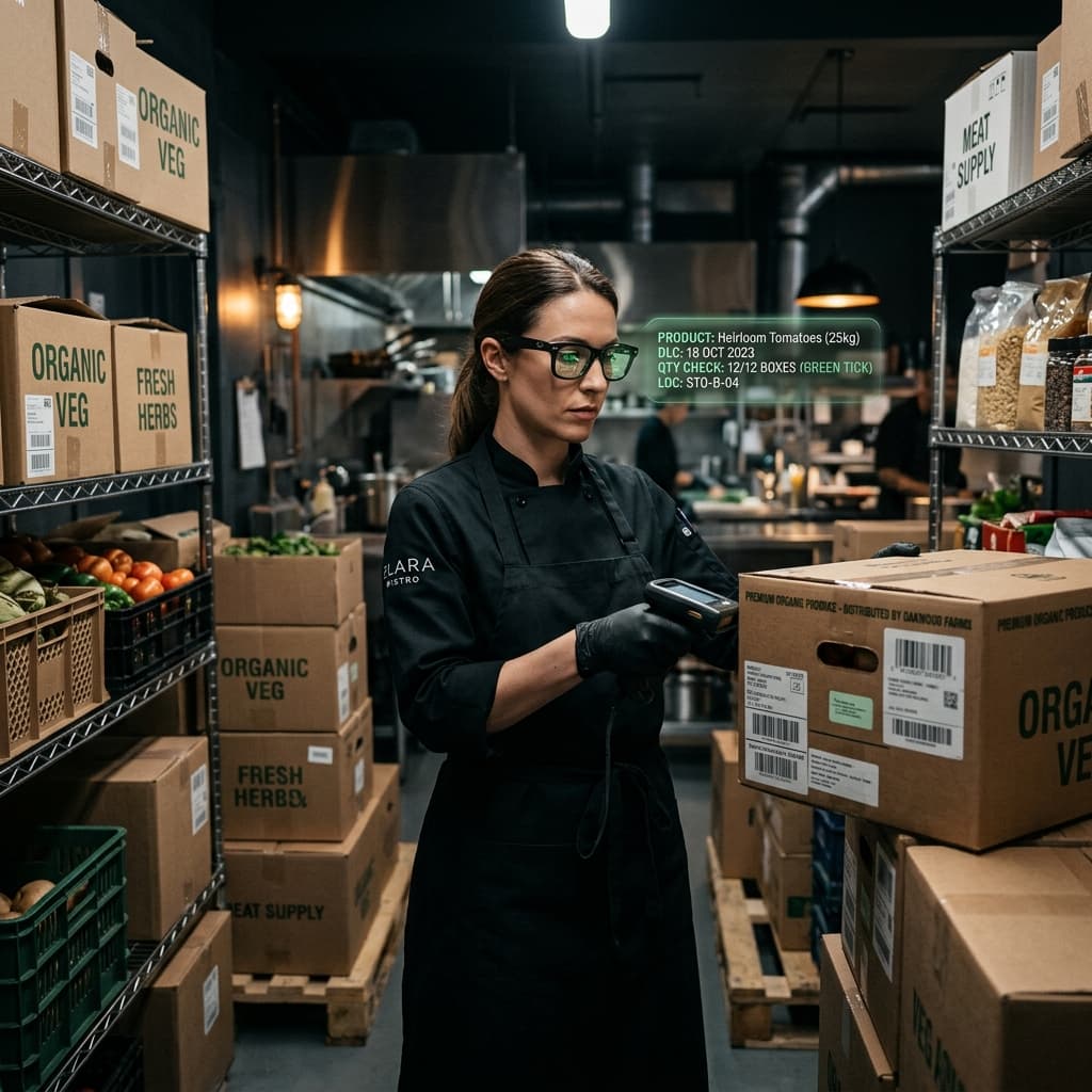 Chef wearing Ray-Ban Meta glasses while receiving goods, with the Clara OS HUD interface